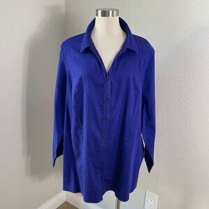 Catherines Womens Plus 2X Purple Button Up Shirt Polka Dot Roll Tab Sleeve Top